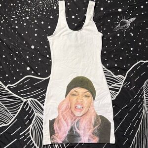 White Graphic Mini Dress with Pink Hair Print